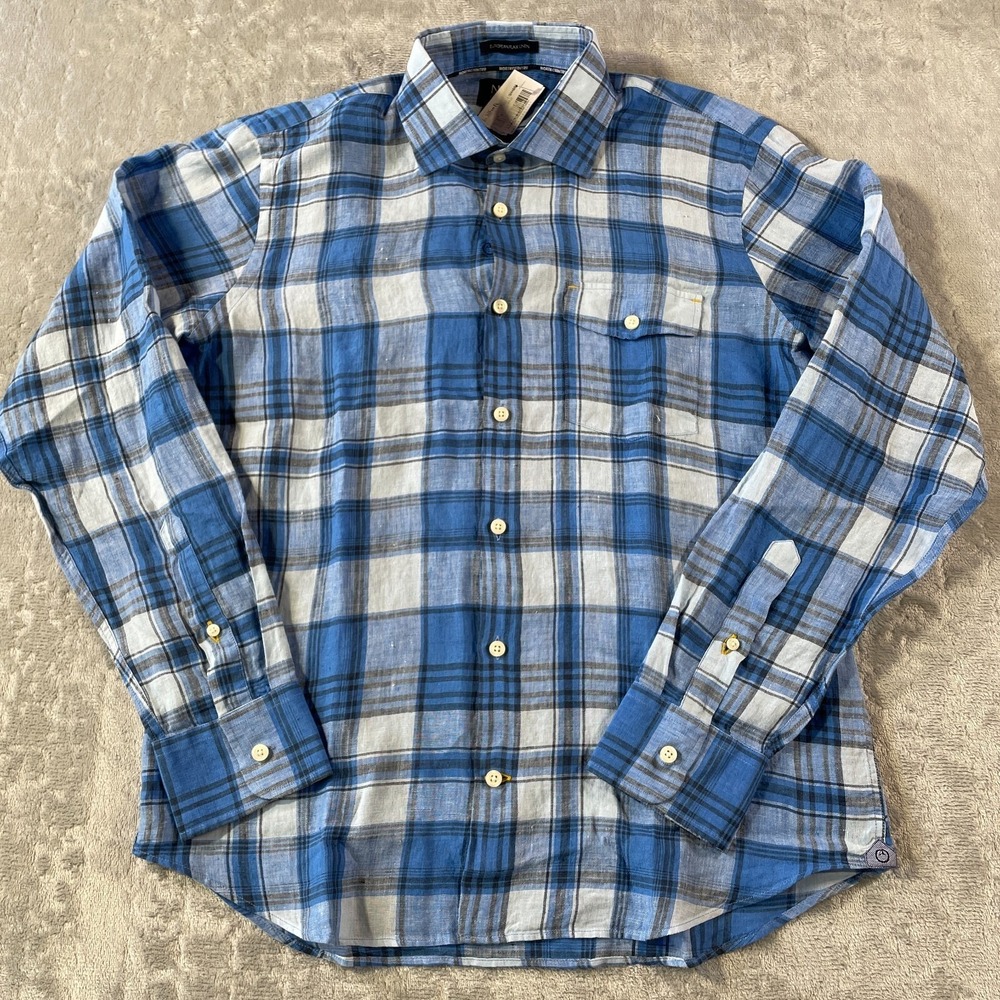 North Country Shirt‎ Men Medium Blue Plaid European Flax Linen Beach Resort